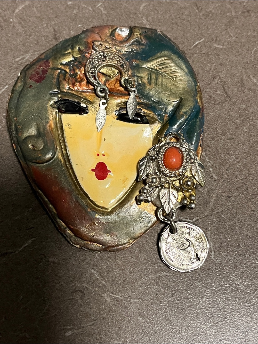 Handmade Bohemian Orange Stone Dangle Brooch 4-5”x3”